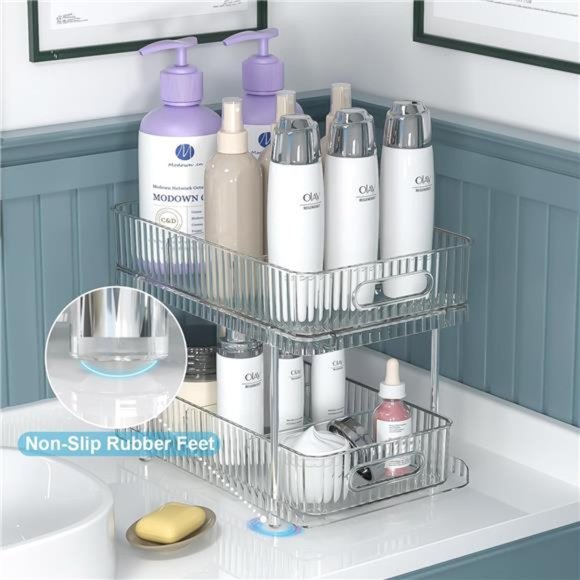 2 Pack Bathroom Cabinet Organizer, 2 Tier Pull Out Clear Under Sink Organizers - Picture 3 of 7